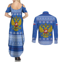 Russia Matryoshka Spirit Couples Matching Summer Maxi Dress and Long Sleeve Button Shirt with Folk Pattern and Double-Headed Eagle Emblem