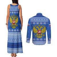 Russia Matryoshka Spirit Couples Matching Tank Maxi Dress and Long Sleeve Button Shirt with Folk Pattern and Double-Headed Eagle Emblem
