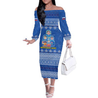 Russia Matryoshka Spirit Family Matching Off The Shoulder Long Sleeve Dress and Hawaiian Shirt with Folk Pattern and Double-Headed Eagle Emblem