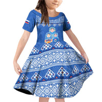 Russia Matryoshka Spirit Family Matching Off Shoulder Short Dress and Hawaiian Shirt with Folk Pattern and Double-Headed Eagle Emblem