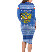 Russia Matryoshka Spirit Long Sleeve Bodycon Dress with Folk Pattern and Double-Headed Eagle Emblem