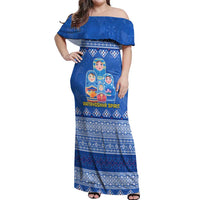 Russia Matryoshka Spirit Off Shoulder Maxi Dress with Folk Pattern and Double-Headed Eagle Emblem