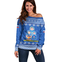 Russia Matryoshka Spirit Off Shoulder Sweater with Folk Pattern and Double-Headed Eagle Emblem