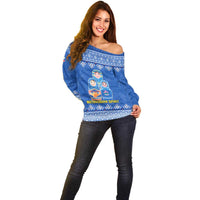 Russia Matryoshka Spirit Off Shoulder Sweater with Folk Pattern and Double-Headed Eagle Emblem