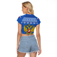 Russia Matryoshka Spirit Raglan Cropped T Shirt with Folk Pattern and Double-Headed Eagle Emblem