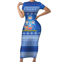 Russia Matryoshka Spirit Short Sleeve Bodycon Dress with Folk Pattern and Double-Headed Eagle Emblem