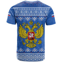 Russia Matryoshka Spirit T Shirt with Folk Pattern and Double-Headed Eagle Emblem