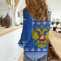 Russia Matryoshka Spirit Women Casual Shirt with Folk Pattern and Double-Headed Eagle Emblem
