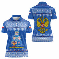 Russia Matryoshka Spirit Women Polo Shirt with Folk Pattern and Double-Headed Eagle Emblem