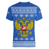 Russia Matryoshka Spirit Women V-Neck T-Shirt with Folk Pattern and Double-Headed Eagle Emblem