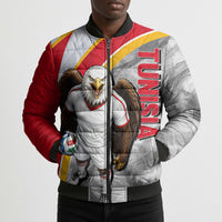 Personalized Tunisia Soccer Carthage Eagles Mascot Bomber Puffer Jacket Red And White Abstract Geometric Football Concept