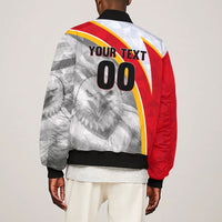 Personalized Tunisia Soccer Carthage Eagles Mascot Sleeve Zip Bomber Jacket Red And White Abstract Geometric Football Concept