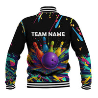Custom Bowling Strike Design Baseball Jacket Colorful Pins and Purple Ball in Abstract Splatter Art Style - Wonder Print Shop