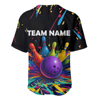 Custom Bowling Strike Design Baseball Jersey Colorful Pins and Purple Ball in Abstract Splatter Art Style - Wonder Print Shop