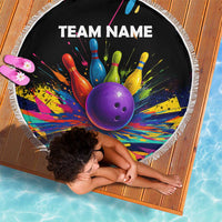 Custom Bowling Strike Design Beach Blanket Colorful Pins and Purple Ball in Abstract Splatter Art Style - Wonder Print Shop