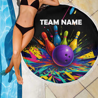 Custom Bowling Strike Design Beach Blanket Colorful Pins and Purple Ball in Abstract Splatter Art Style - Wonder Print Shop