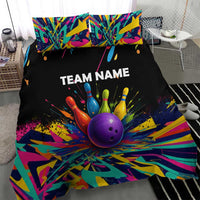 Custom Bowling Strike Design Bedding Set Colorful Pins and Purple Ball in Abstract Splatter Art Style - Wonder Print Shop
