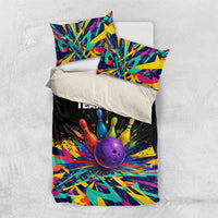 Custom Bowling Strike Design Bedding Set Colorful Pins and Purple Ball in Abstract Splatter Art Style - Wonder Print Shop