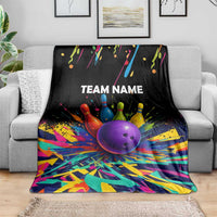 Custom Bowling Strike Design Blanket Colorful Pins and Purple Ball in Abstract Splatter Art Style - Wonder Print Shop