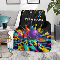 Custom Bowling Strike Design Blanket Colorful Pins and Purple Ball in Abstract Splatter Art Style - Wonder Print Shop