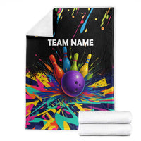 Custom Bowling Strike Design Blanket Colorful Pins and Purple Ball in Abstract Splatter Art Style - Wonder Print Shop