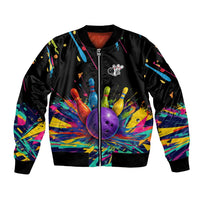 Custom Bowling Strike Design Bomber Jacket Colorful Pins and Purple Ball in Abstract Splatter Art Style - Wonder Print Shop