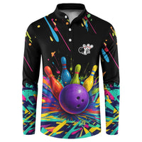 Custom Bowling Strike Design Button Sweatshirt Colorful Pins and Purple Ball in Abstract Splatter Art Style - Wonder Print Shop