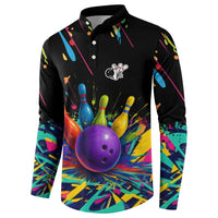 Custom Bowling Strike Design Button Sweatshirt Colorful Pins and Purple Ball in Abstract Splatter Art Style - Wonder Print Shop