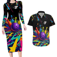 Custom Bowling Strike Design Couples Matching Long Sleeve Bodycon Dress and Hawaiian Shirt Colorful Pins and Purple Ball in Abstract Splatter Art Style - Wonder Print Shop