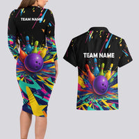 Custom Bowling Strike Design Couples Matching Long Sleeve Bodycon Dress and Hawaiian Shirt Colorful Pins and Purple Ball in Abstract Splatter Art Style - Wonder Print Shop