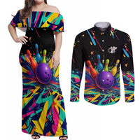 Custom Bowling Strike Design Couples Matching Off Shoulder Maxi Dress and Long Sleeve Button Shirt Colorful Pins and Purple Ball in Abstract Splatter Art Style - Wonder Print Shop