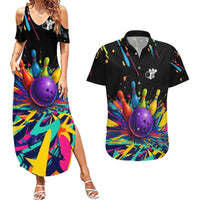 Custom Bowling Strike Design Couples Matching Summer Maxi Dress and Hawaiian Shirt Colorful Pins and Purple Ball in Abstract Splatter Art Style - Wonder Print Shop