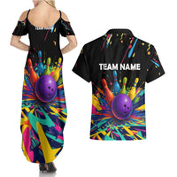 Custom Bowling Strike Design Couples Matching Summer Maxi Dress and Hawaiian Shirt Colorful Pins and Purple Ball in Abstract Splatter Art Style - Wonder Print Shop