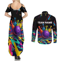 Custom Bowling Strike Design Couples Matching Summer Maxi Dress and Long Sleeve Button Shirt Colorful Pins and Purple Ball in Abstract Splatter Art Style - Wonder Print Shop