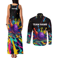 Custom Bowling Strike Design Couples Matching Tank Maxi Dress and Long Sleeve Button Shirt Colorful Pins and Purple Ball in Abstract Splatter Art Style - Wonder Print Shop