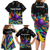 Custom Bowling Strike Design Family Matching Long Sleeve Bodycon Dress and Hawaiian Shirt Colorful Pins and Purple Ball in Abstract Splatter Art Style - Wonder Print Shop