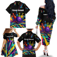 Custom Bowling Strike Design Family Matching Off The Shoulder Long Sleeve Dress and Hawaiian Shirt Colorful Pins and Purple Ball in Abstract Splatter Art Style - Wonder Print Shop