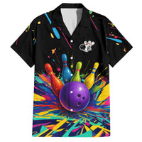 Custom Bowling Strike Design Family Matching Off The Shoulder Long Sleeve Dress and Hawaiian Shirt Colorful Pins and Purple Ball in Abstract Splatter Art Style - Wonder Print Shop