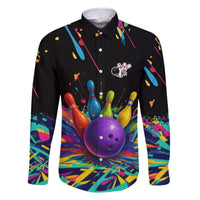 Custom Bowling Strike Design Family Matching Off The Shoulder Long Sleeve Dress and Hawaiian Shirt Colorful Pins and Purple Ball in Abstract Splatter Art Style - Wonder Print Shop