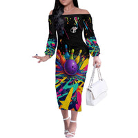 Custom Bowling Strike Design Family Matching Off The Shoulder Long Sleeve Dress and Hawaiian Shirt Colorful Pins and Purple Ball in Abstract Splatter Art Style - Wonder Print Shop