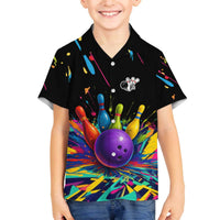 Custom Bowling Strike Design Family Matching Off The Shoulder Long Sleeve Dress and Hawaiian Shirt Colorful Pins and Purple Ball in Abstract Splatter Art Style - Wonder Print Shop