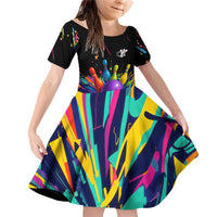 Custom Bowling Strike Design Family Matching Off Shoulder Short Dress and Hawaiian Shirt Colorful Pins and Purple Ball in Abstract Splatter Art Style - Wonder Print Shop