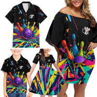 Custom Bowling Strike Design Family Matching Off Shoulder Short Dress and Hawaiian Shirt Colorful Pins and Purple Ball in Abstract Splatter Art Style - Wonder Print Shop