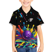 Custom Bowling Strike Design Family Matching Off Shoulder Short Dress and Hawaiian Shirt Colorful Pins and Purple Ball in Abstract Splatter Art Style - Wonder Print Shop