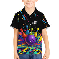 Custom Bowling Strike Design Family Matching Short Sleeve Bodycon Dress and Hawaiian Shirt Colorful Pins and Purple Ball in Abstract Splatter Art Style - Wonder Print Shop
