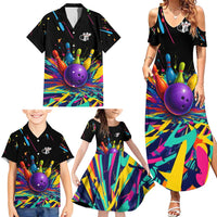 Custom Bowling Strike Design Family Matching Summer Maxi Dress and Hawaiian Shirt Colorful Pins and Purple Ball in Abstract Splatter Art Style - Wonder Print Shop