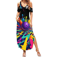 Custom Bowling Strike Design Family Matching Summer Maxi Dress and Hawaiian Shirt Colorful Pins and Purple Ball in Abstract Splatter Art Style - Wonder Print Shop