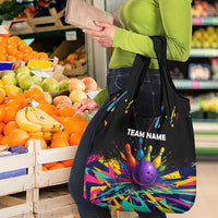 Custom Bowling Strike Design Grocery Bag Colorful Pins and Purple Ball in Abstract Splatter Art Style - Wonder Print Shop