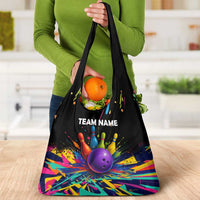 Custom Bowling Strike Design Grocery Bag Colorful Pins and Purple Ball in Abstract Splatter Art Style - Wonder Print Shop