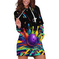 Custom Bowling Strike Design Hoodie Dress Colorful Pins and Purple Ball in Abstract Splatter Art Style - Wonder Print Shop